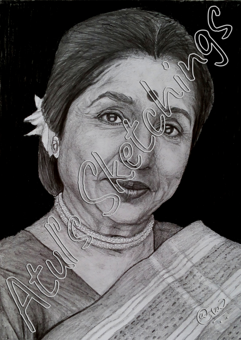 Asha Bhosle Pencil Sketch, Drawing, Realistic Art